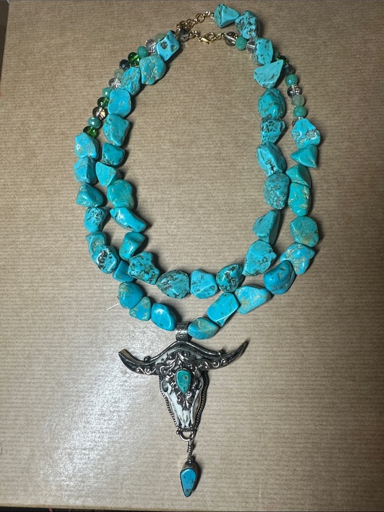 Hand Crafted Jewelry - Turquoise Stone Double-Strand Necklace with Bull bone Skull Pendant
